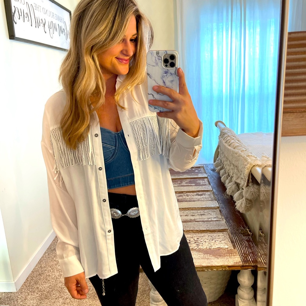 Women’s White Button Down Long Sleeve White Fringe and Rhinestone Western Top
